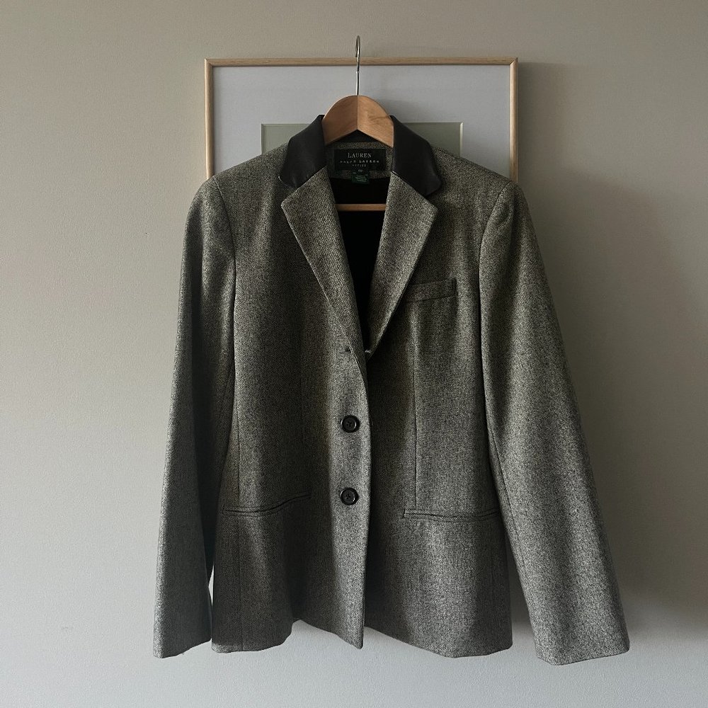 Ralph Lauren 90s Y2K Vintage Tweed Wool Leather Collar Equestrian Blazer 4P